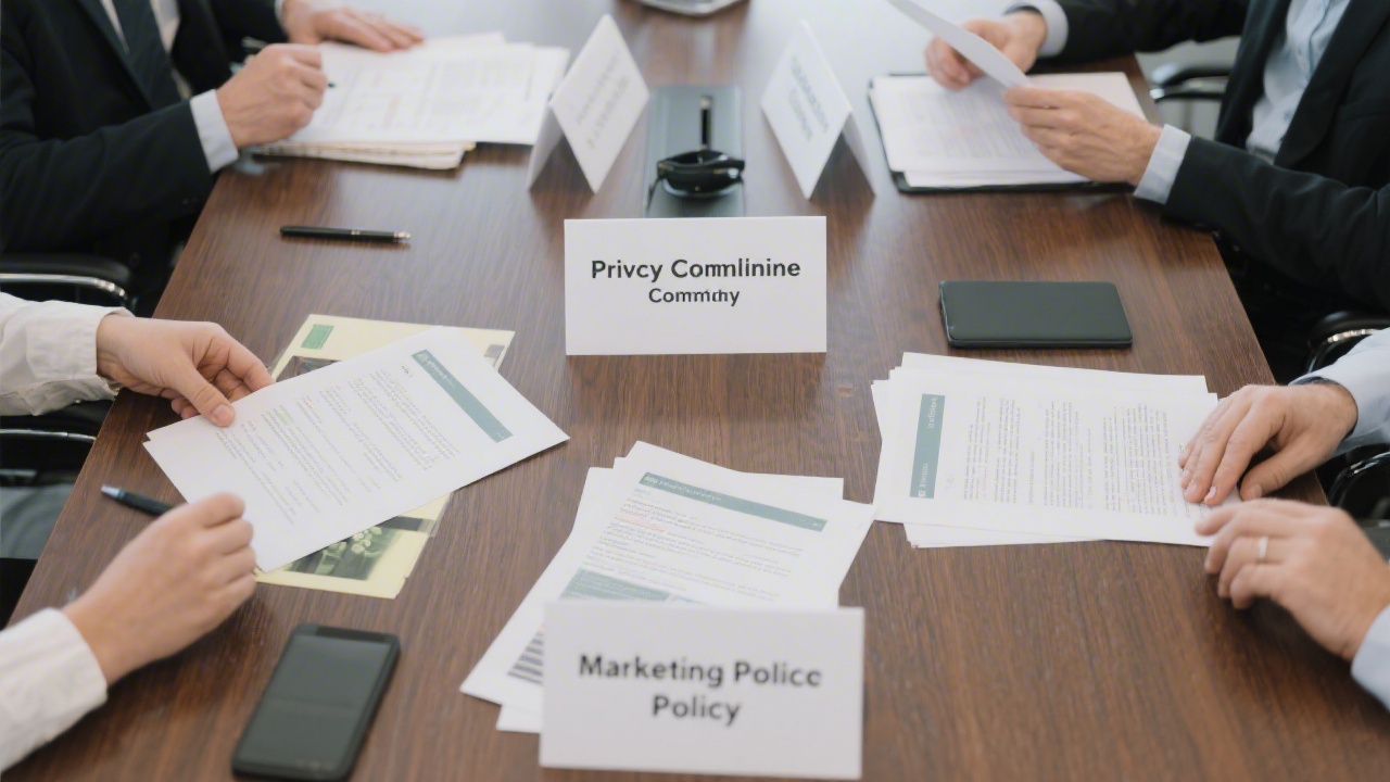 Professional meeting table with documents labeled privacy, compliance, and marketing policy, indicating a responsible and ethical approach to digital marketing in Ireland.