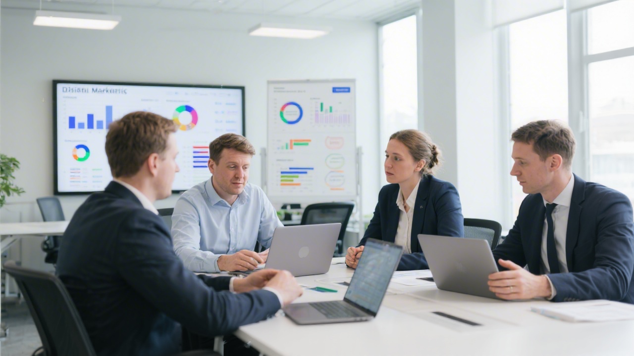 Irish business professionals reviewing digital marketing dashboards on laptops in a bright office, charts and campaign plans visible, showcasing collaborative learning and practical analysis.