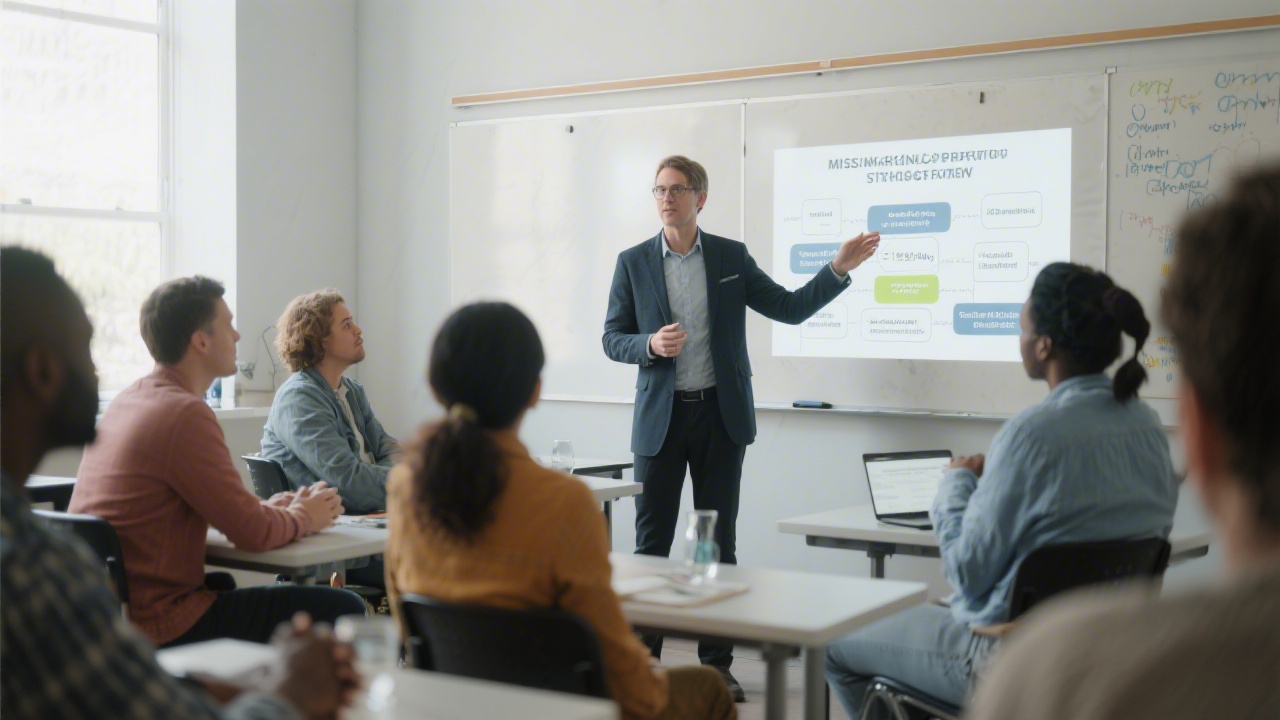 Instructor presenting marketing strategy frameworks to a group of small business owners in a classroom, highlighting a mission-driven and practical learning environment.