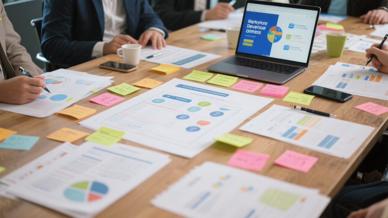Marketing workshop table with strategic planning documents, sticky notes, and a laptop showing campaign plans, representing structured service delivery for SMEs.